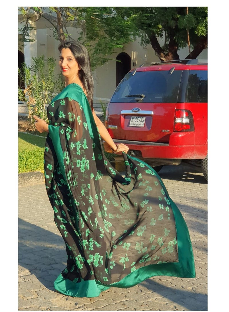 Grab Mantra Green Saree With Floral Print On A Dark Background Flower Print Saree With Green 5 Inch Border Na Unstitched Green Satin Silk Blouse  - Image 3