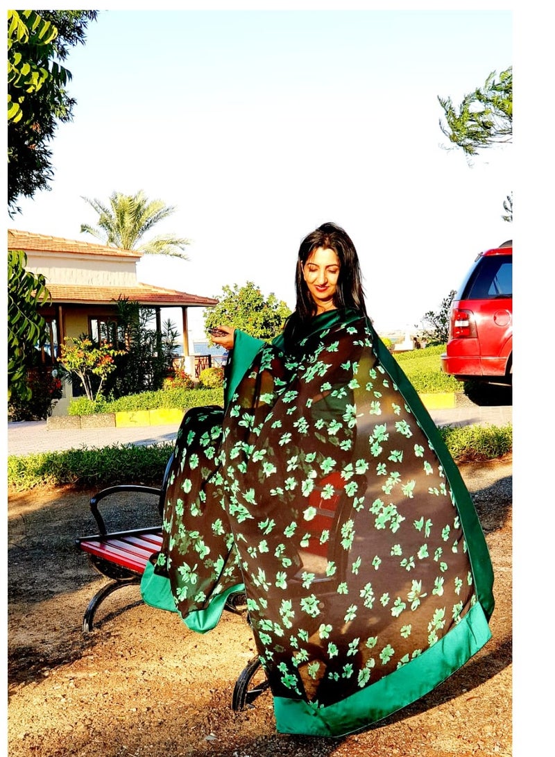 Grab Mantra Green Saree With Floral Print On A Dark Background Flower Print Saree With Green 5 Inch Border Na Unstitched Green Satin Silk Blouse  - Image 2