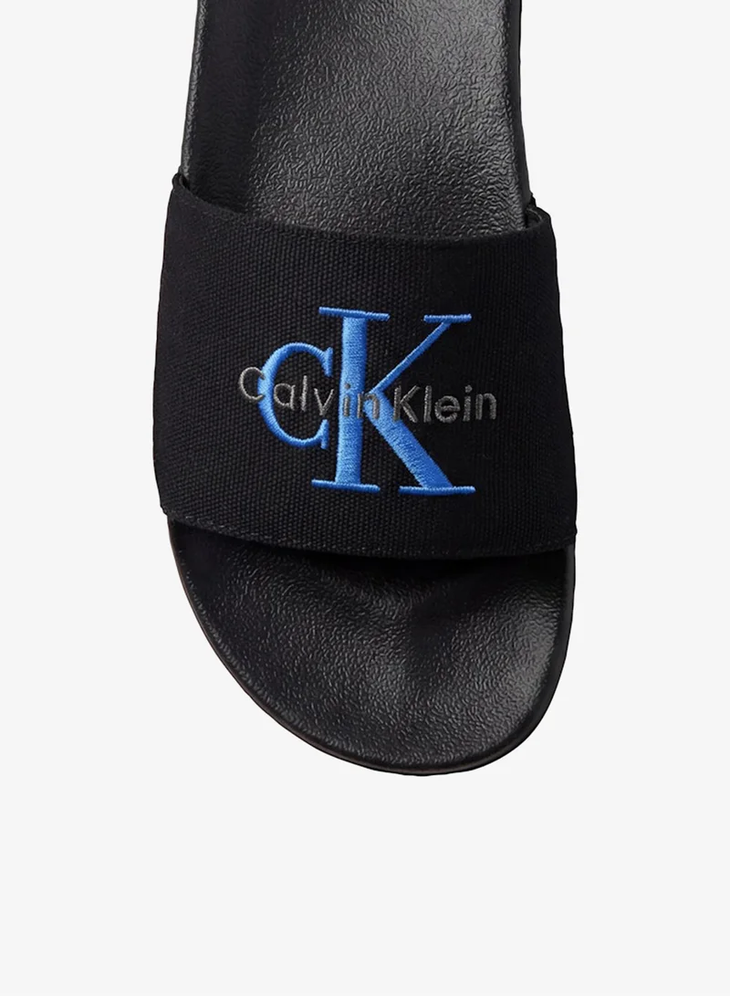Calvin Klein Black/Lapis Blue Cotton Canvas Monologo Sliders for Women | Best Price UAE