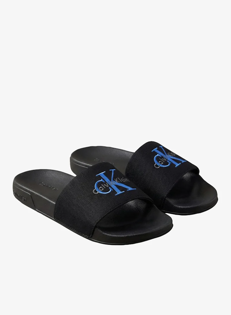 Calvin Klein Black/Lapis Blue Cotton Canvas Monologo Sliders for Women | Best Price UAE