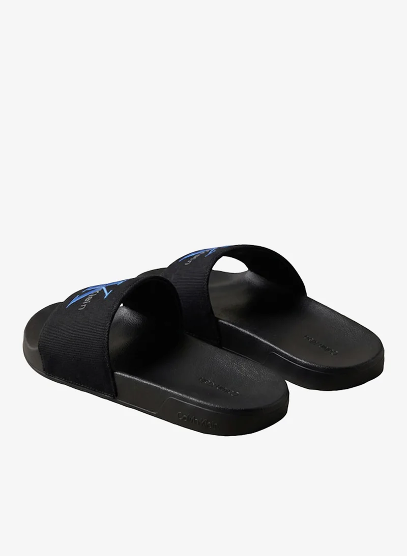 Calvin Klein Black/Lapis Blue Cotton Canvas Monologo Sliders for Women | Best Price UAE