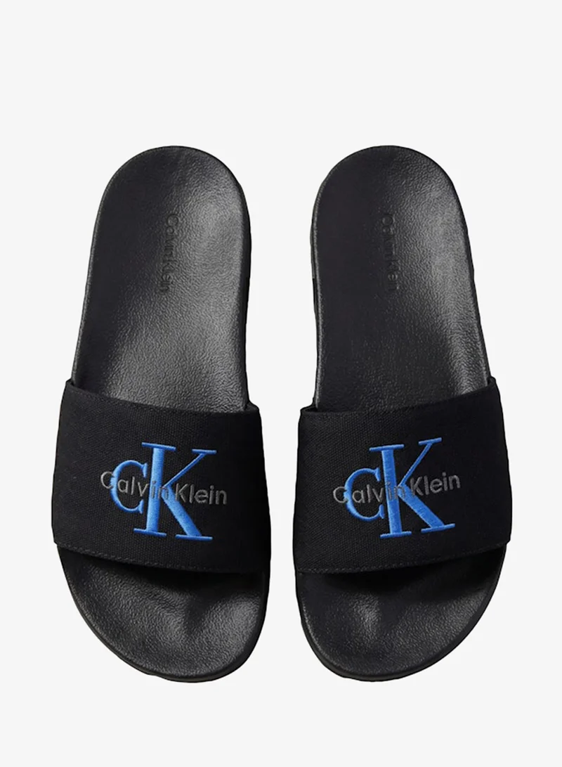Calvin Klein Black/Lapis Blue Cotton Canvas Monologo Sliders for Women | Best Price UAE