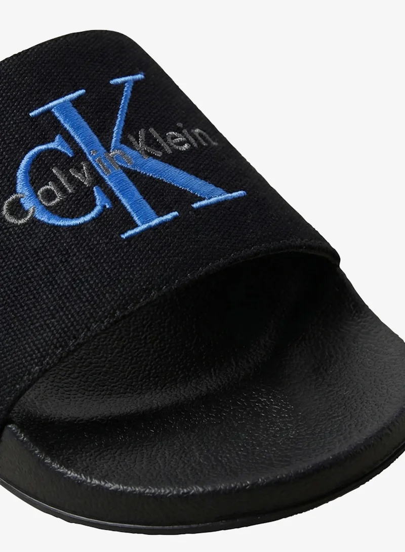 Calvin Klein Black/Lapis Blue Cotton Canvas Monologo Sliders for Women | Best Price UAE