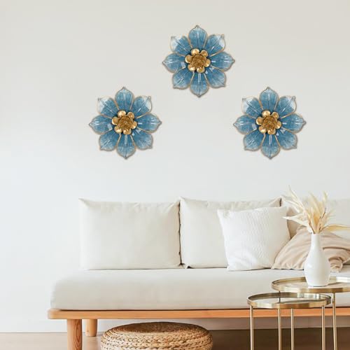 Villa Como Metal Flowers Wall Decor Blue and Gold Wall Art Hanging Decorations 3 Pc Rustic Modern Floral Sculpture Wall Accent Artwork Indoor Outdoor for Bathroom Bedroom Living Room Garden Patio Porch 10 Inch - Image 5