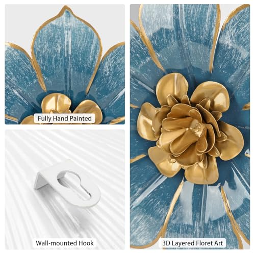 Villa Como Metal Flowers Wall Decor Blue and Gold Wall Art Hanging Decorations 3 Pc Rustic Modern Floral Sculpture Wall Accent Artwork Indoor Outdoor for Bathroom Bedroom Living Room Garden Patio Porch 10 Inch - Image 3