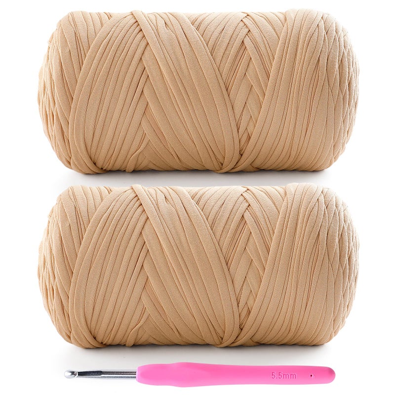 Lpalats 2 Pack Tshirt Yarn for Crochet - 800 g/260 yds T Shirt Yarn for Crocheting Bags/Baskets/Home Decor - Soft Elastic Fabric T-Shirt Yarn with 1 Crochet Hook (2, Khaki) - Image 1
