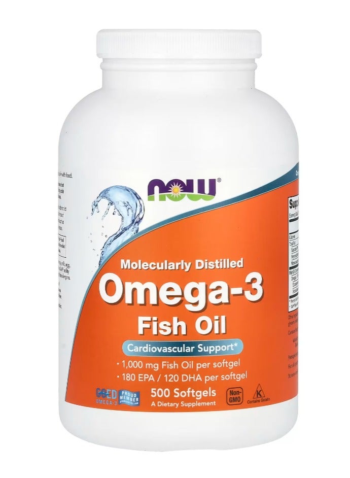 now Molecularly Distilled Omega -3 Fish Oil, Cardiovascular Support 1000mg, 180EPA/120 DHA per Softgels, 500 Softgels
