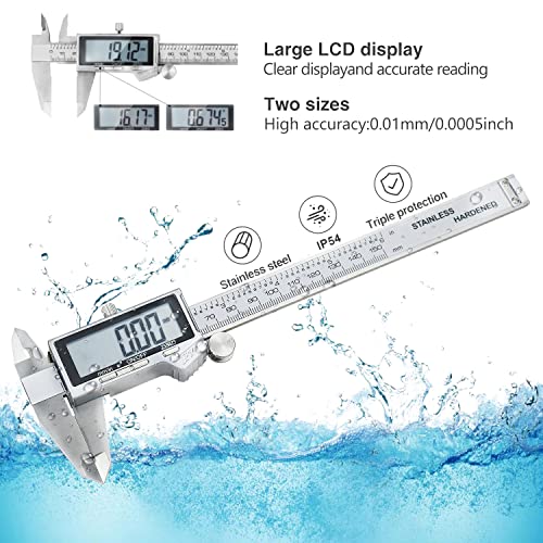 Louisware Digital Caliper, IP54 Waterproof Stainless Steel Caliper Measuring Tool, Vernier Caliper with Huge LCD Screen, Auto - Off Feature, Inch and Millimeter Conversion (6 Inch /150 mm) - Image 2