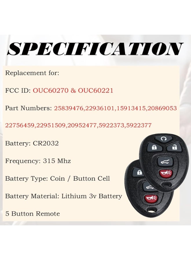 Pack of 2 Car Keyless Entry Remote Control Key Fob for Chevy Traverse 2007-2016 Tahoe Suburban GMC Acadia Yukon XL Buick Enclave Cadillac Escalade Saturn Outlook OUC60270 OUC60221 15913415 - Image 3