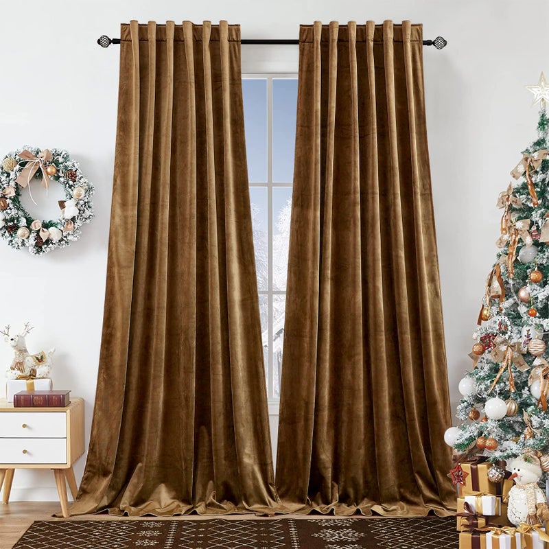 Dchola Gold Brown Velvet Curtains for Bedroom Window with Back Tab, Super Soft Vintage Luxury Heavy Drapes, Room Darkening Thermal Insulated Curtain for Living Room, W52 by L84 inches, 2 Panels - Image 1