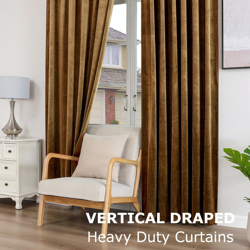 Dchola Gold Brown Velvet Curtains for Bedroom Window with Back Tab, Super Soft Vintage Luxury Heavy Drapes, Room Darkening Thermal Insulated Curtain for Living Room, W52 by L84 inches, 2 Panels - Image 4