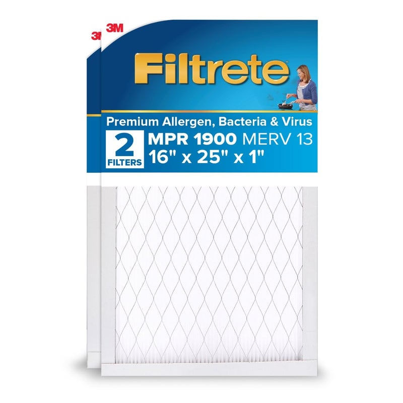 Filtrete 16x25x1 AC Furnace Air Filter MERV 13 MPR 1900 Premium Allergen BacteriaVirus Filter 3Month Pleated 1Inch Electrostatic Air Cleaning Filter 2Pack Actual Size 15719x2472x078 in