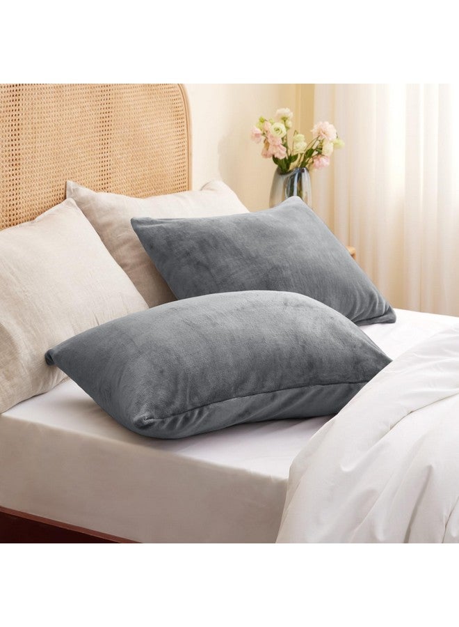 BEDELITE Flannel Pillowcases Standard Set of 2, Super Soft Fleece Pillow Case Cover with Zipper for Bedroom, Sofa, Couch,Luxury Cozy Fuzzy Velvet Pillow Shams for All Seasons(20x26 Inches, Gray) - Image 2