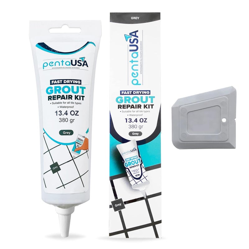 PENTAUSA Tile Grout - Large Grout Filler Repairs Renews Tube, Fast Drying Grout Repair Kit, Odorless Formula - Grout Floater Included - 13.4oz / 380gr (Grey) - Image 1