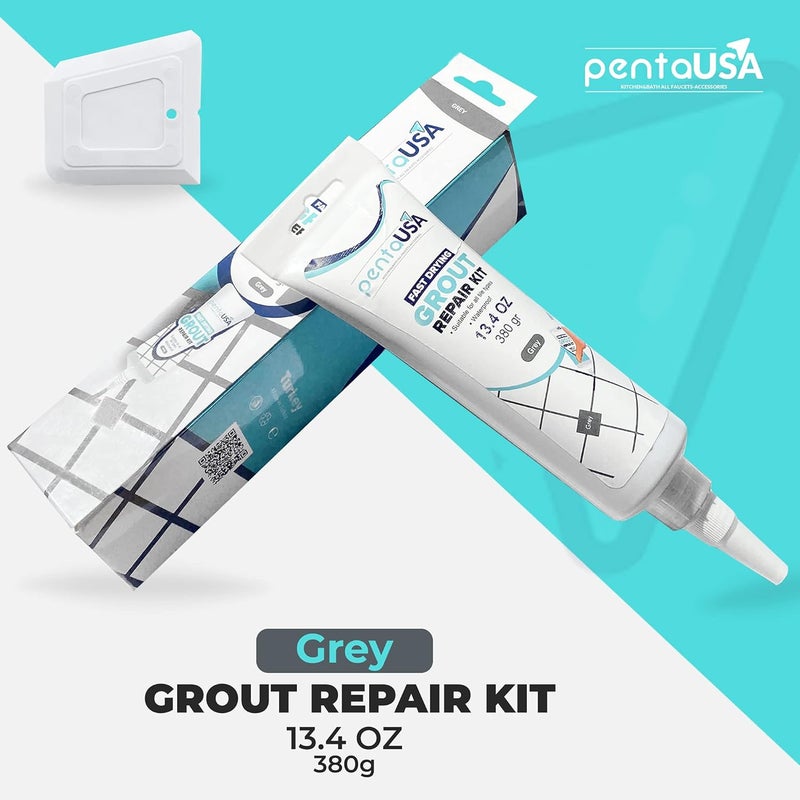 PENTAUSA Tile Grout - Large Grout Filler Repairs Renews Tube, Fast Drying Grout Repair Kit, Odorless Formula - Grout Floater Included - 13.4oz / 380gr (Grey) - Image 2