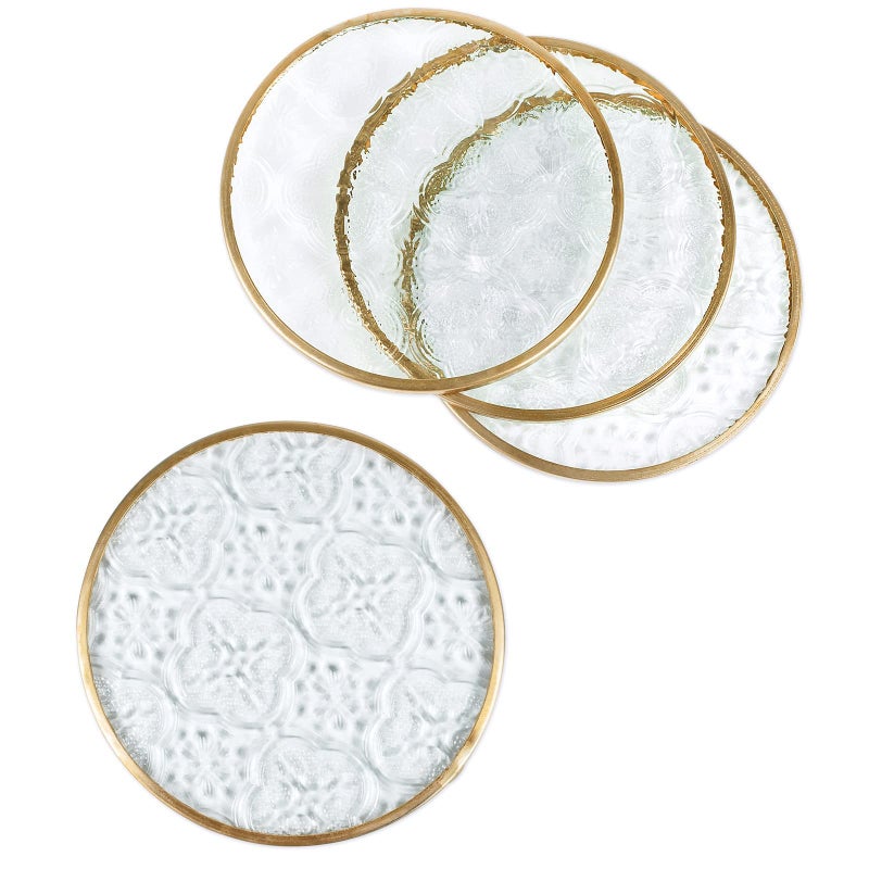Glass Gold Coasters Set of 4 Round Cup Coaster Set with Carved Glass Stylish for Coffee Tea Wine Coasters for Bar Drink with Brass Edge Coasters Home Decor