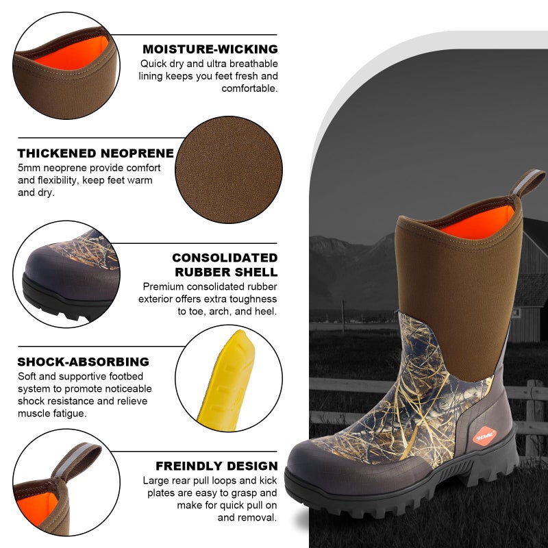 Showave Men's Mid Calf Rubber Work Boots Waterproof Rain Boot Insulated Mud Boots with Comfortable Sports Soles(Camo,Size 13) - Image 3