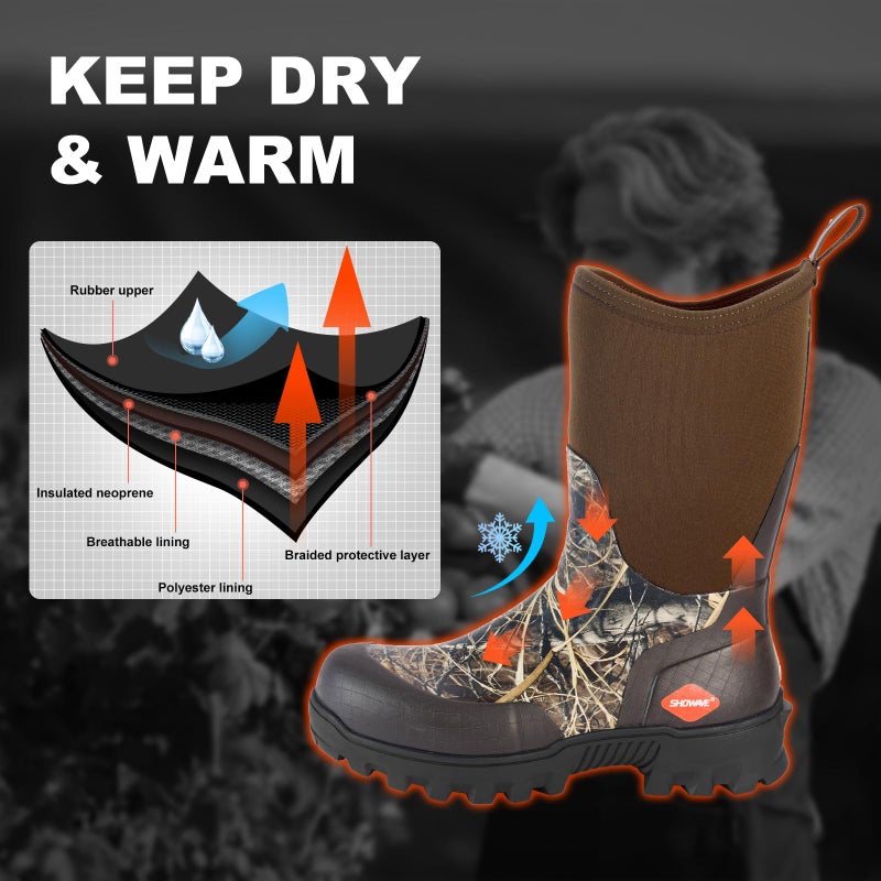 Showave Men's Mid Calf Rubber Work Boots Waterproof Rain Boot Insulated Mud Boots with Comfortable Sports Soles(Camo,Size 13) - Image 4