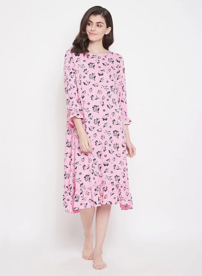 كلوفيا Clovia Pretty Florals Mid Length Night Dress In Baby Pink - Cotton Rich