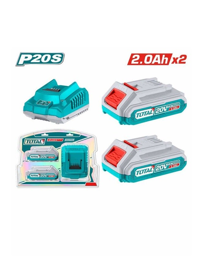 TOTAL Set of 2 batteries, 20V, 2MP, and charger - TFBCPK1222 - Total - Image 1