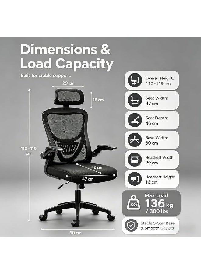 Ergonomic gaming and office chair with a high back and breathable mesh, adjustable headrest and lumbar support, foldable armrests, adjustable height, swivel chair, black - Image 2