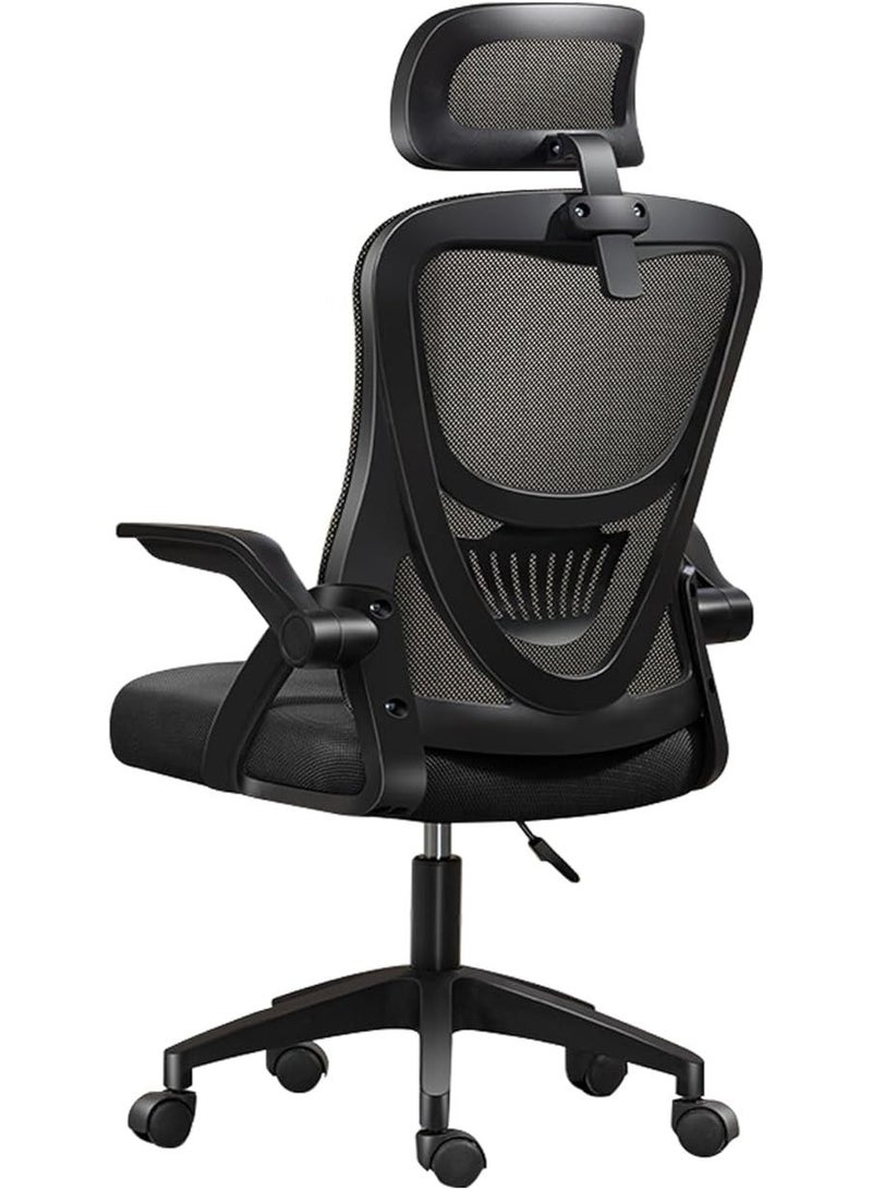 Ergonomic gaming and office chair with a high back and breathable mesh, adjustable headrest and lumbar support, foldable armrests, adjustable height, swivel chair, black - Image 1