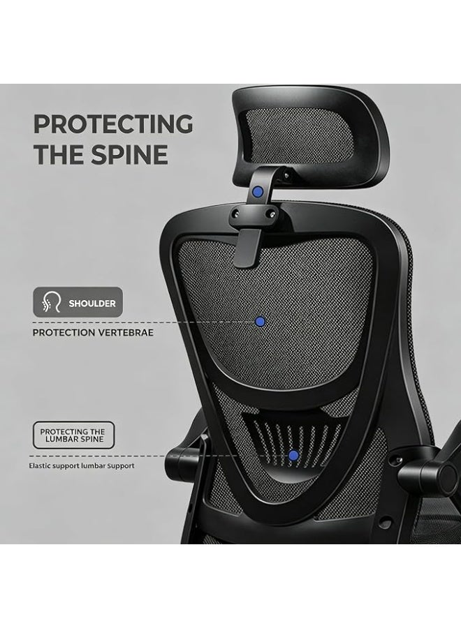 Ergonomic gaming and office chair with a high back and breathable mesh, adjustable headrest and lumbar support, foldable armrests, adjustable height, swivel chair, black - Image 5