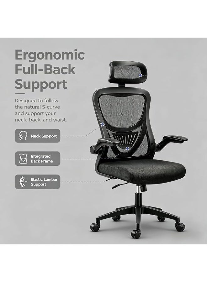 Ergonomic gaming and office chair with a high back and breathable mesh, adjustable headrest and lumbar support, foldable armrests, adjustable height, swivel chair, black - Image 4