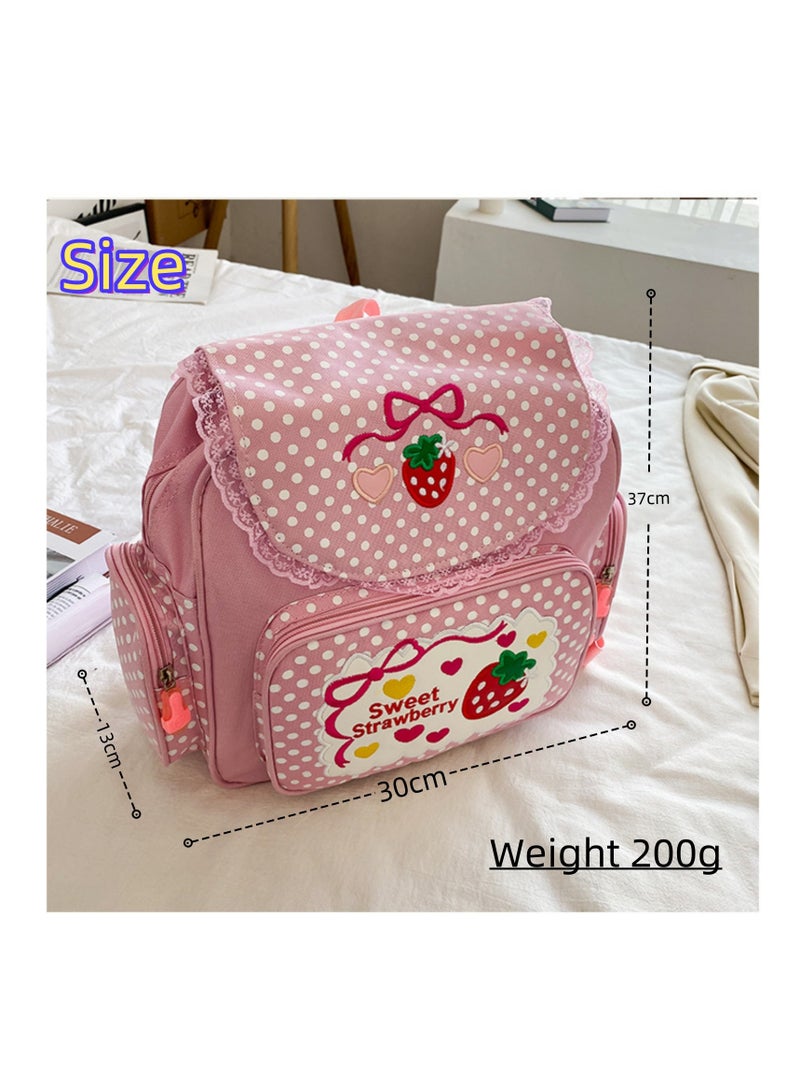 NOVOLAN Girls' School Backpack Student Schoolbag, Strawberry Embroidery Pattern, Waterproof Fabric, Adjustable Shoulder Straps, Multiple Compartments, Comfortable and Breathable 30x37x13cm - Image 2