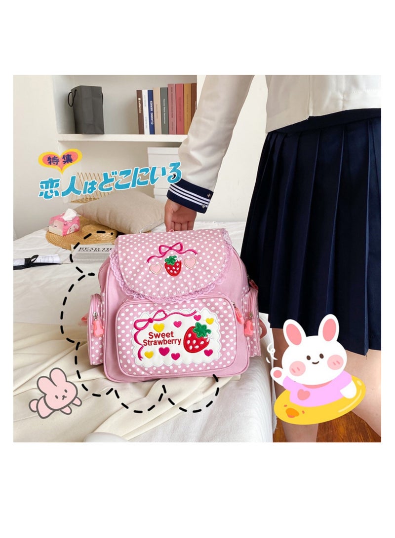 NOVOLAN Girls' School Backpack Student Schoolbag, Strawberry Embroidery Pattern, Waterproof Fabric, Adjustable Shoulder Straps, Multiple Compartments, Comfortable and Breathable 30x37x13cm - Image 3