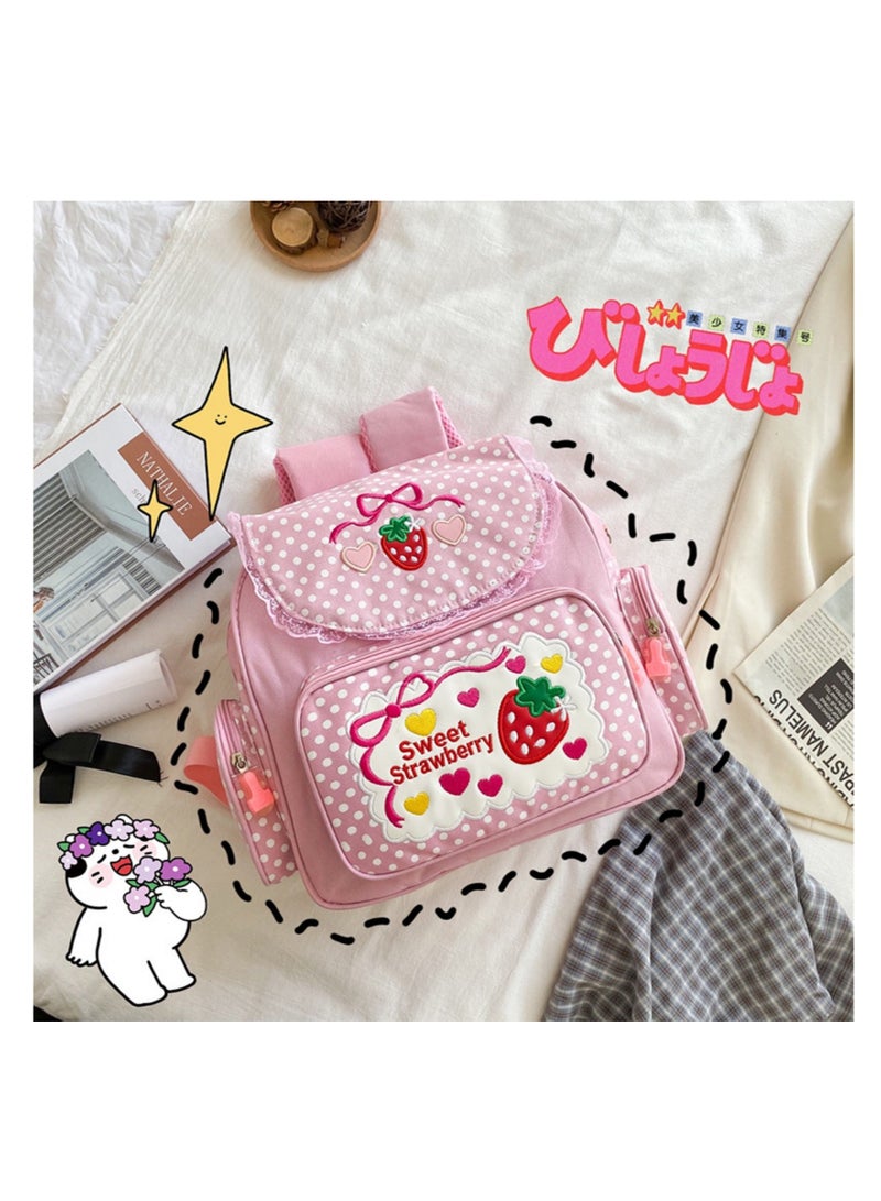 NOVOLAN Girls' School Backpack Student Schoolbag, Strawberry Embroidery Pattern, Waterproof Fabric, Adjustable Shoulder Straps, Multiple Compartments, Comfortable and Breathable 30x37x13cm - Image 4