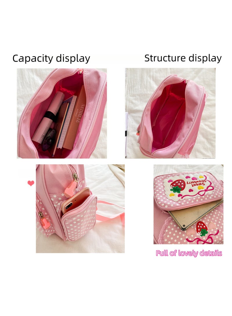 NOVOLAN Girls' School Backpack Student Schoolbag, Strawberry Embroidery Pattern, Waterproof Fabric, Adjustable Shoulder Straps, Multiple Compartments, Comfortable and Breathable 30x37x13cm - Image 5