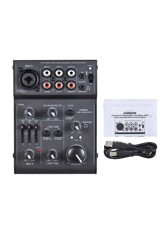 AGE03 5-Channel Mini Mic-Line Mixing Console Mixer with USB Audio Interface Built-in Echo Effect USB Powered for Recording DJ Network Live Broadcast Karaoke