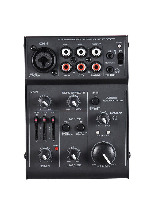 AGE03 5-Channel Mini Mic-Line Mixing Console Mixer with USB Audio Interface Built-in Echo Effect USB Powered for Recording DJ Network Live Broadcast Karaoke