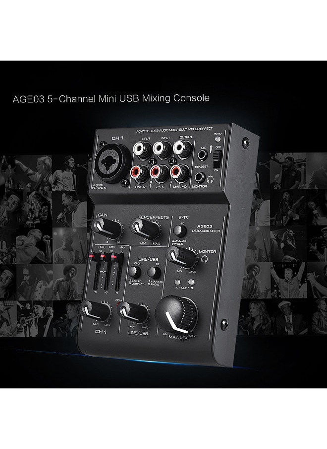 AGE03 5-Channel Mini Mic-Line Mixing Console Mixer with USB Audio Interface Built-in Echo Effect USB Powered for Recording DJ Network Live Broadcast Karaoke