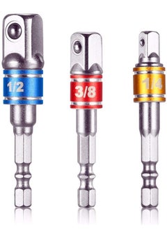 Impact Grade Socket Adapter/Extension Set Turns Power Drill Into High Speed Nut Driver,1/4-Inch Hex Shank to Drive for Adapters Use with Chucks, Sizes 1/4" 3/8" 1/2", Cr-V, 3-Piece