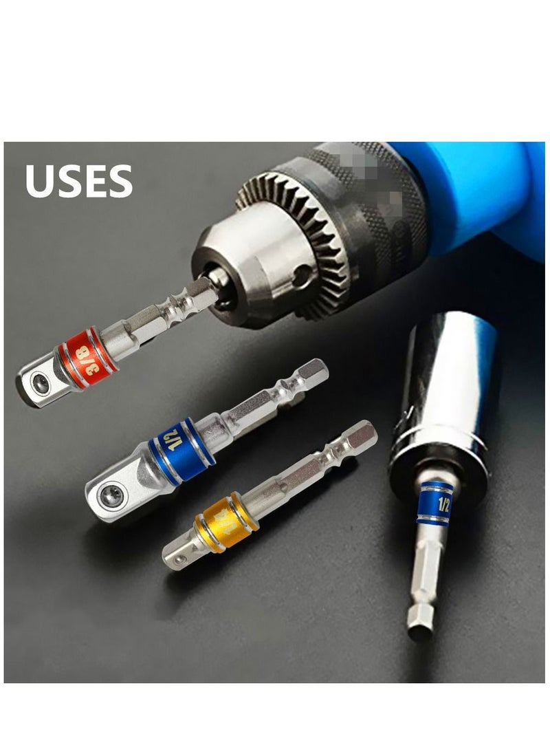 Y&D - Impact Grade Socket Adapter/Extension Set Turns Power Drill Into High Speed Nut Driver,1/4-Inch Hex Shank to Drive for Adapters Use with Chucks, Sizes 1/4" 3/8" 1/2", Cr-V, 3-Piece - Image 1