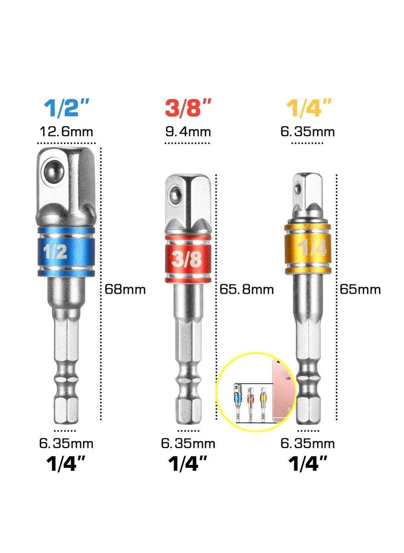 Y&D - Impact Grade Socket Adapter/Extension Set Turns Power Drill Into High Speed Nut Driver,1/4-Inch Hex Shank to Drive for Adapters Use with Chucks, Sizes 1/4" 3/8" 1/2", Cr-V, 3-Piece - Image 1