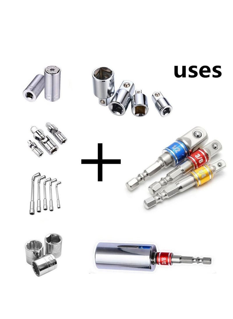 Y&D - Impact Grade Socket Adapter/Extension Set Turns Power Drill Into High Speed Nut Driver,1/4-Inch Hex Shank to Drive for Adapters Use with Chucks, Sizes 1/4" 3/8" 1/2", Cr-V, 3-Piece - Image 1