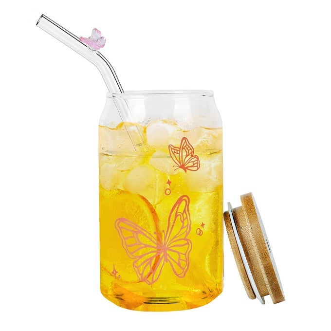 BUTTERFLY GLASS CUP WITH BAMBOO LID AND BUTTERFLY STRAW GLASS CUP JAR COFFEE MUG HOME OFFICE CUP 16OZ FOR JUICE COCKTAIL WHISKEY MILK GIFT FOR WOMEN