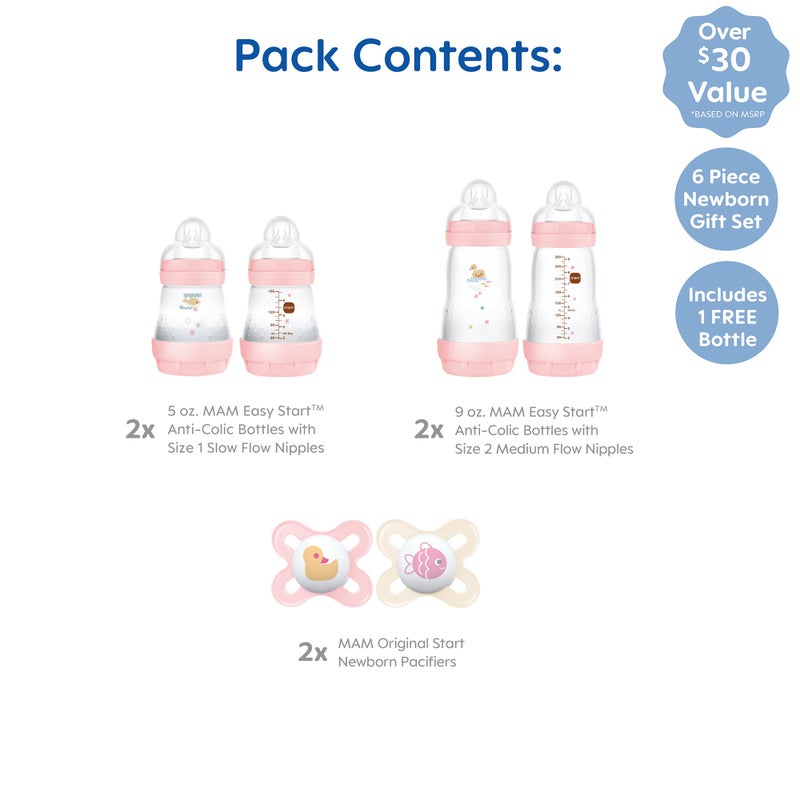 MAM Feed & Soothe Feeding Set, Newborn Essentials Must Have for 0-3 Months, Including 6 Pieces, Anti-Colic Baby Bottle Self-Sterilizing, Skinsoft Silicone Pacifiers, Baby Gift, Girl - Image 2
