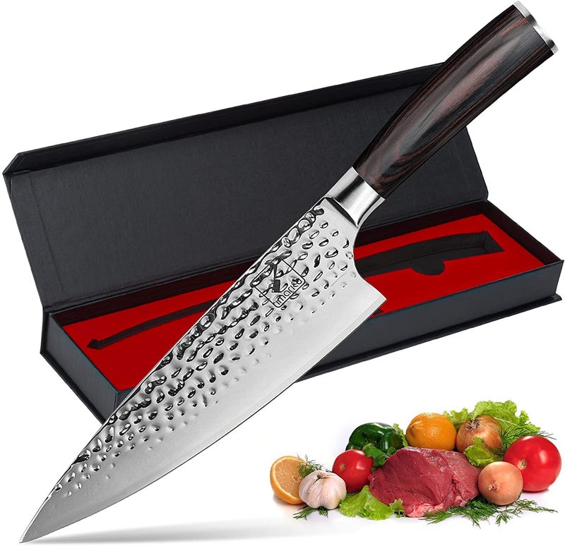 imarku Damascus Chef Knife 8 Inch Kitchen Knife Ultra Sharp Cooking Knife HC German Stainless Steel Japanese Knife for Kitchen HandHammered Design Ergonomic Handle Fathers Day Gifts