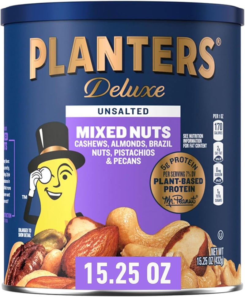 Planters Deluxe Unsalted Mixed Nuts - 15.25 oz Canister with Cashews, Almonds, Brazil Nuts, Pistachios, and Pecans - Image 1
