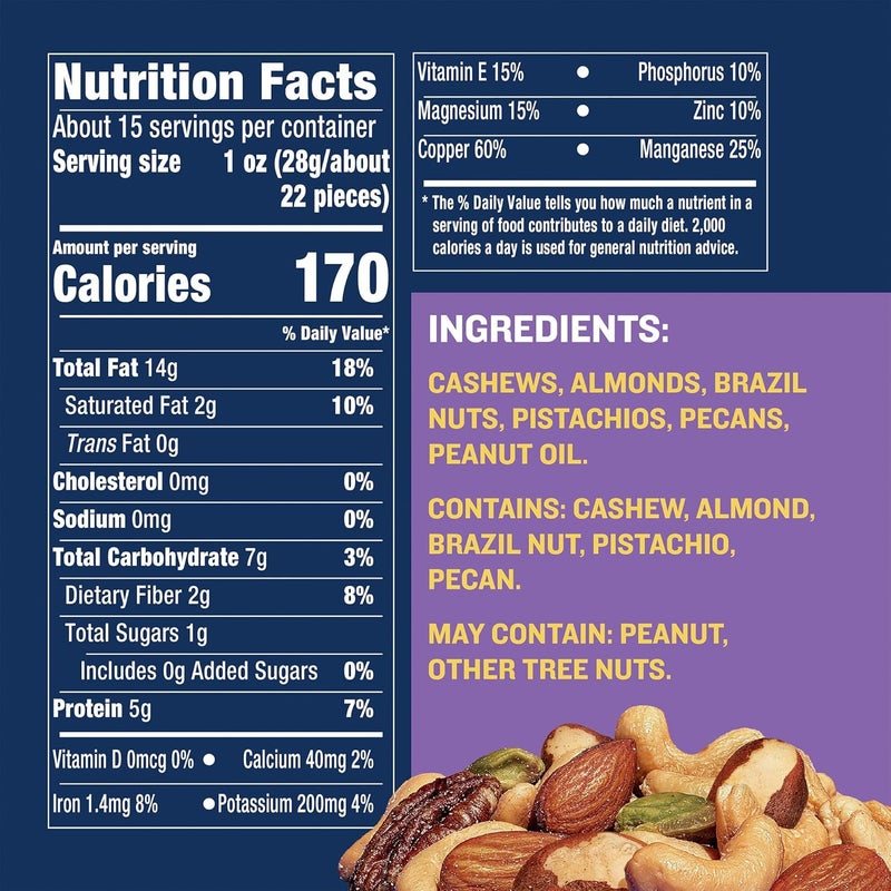 Planters Deluxe Unsalted Mixed Nuts - 15.25 oz Canister with Cashews, Almonds, Brazil Nuts, Pistachios, and Pecans - Image 2