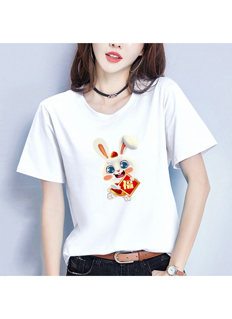 Generic Casual round Neck Short Sleeve T-Shirt Couple Tops Rabbit Year Lucky Year Gift Men Women Activity Wear Milk Silk Polyester Spandex Cartoon Pattern Green  - Image 5