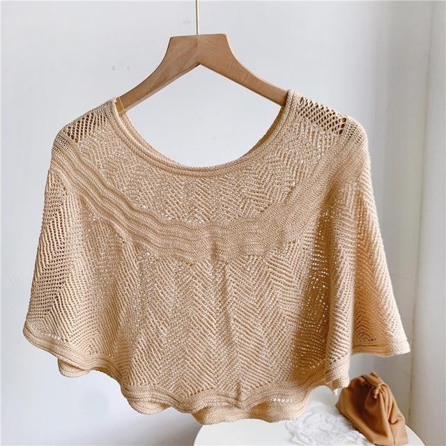 Fashionable Knitted Pullover Shawl Chinese Dress Outerwear Small Shawl Air Conditioned Room Wave Cover Shirt Beige (send brooch) 