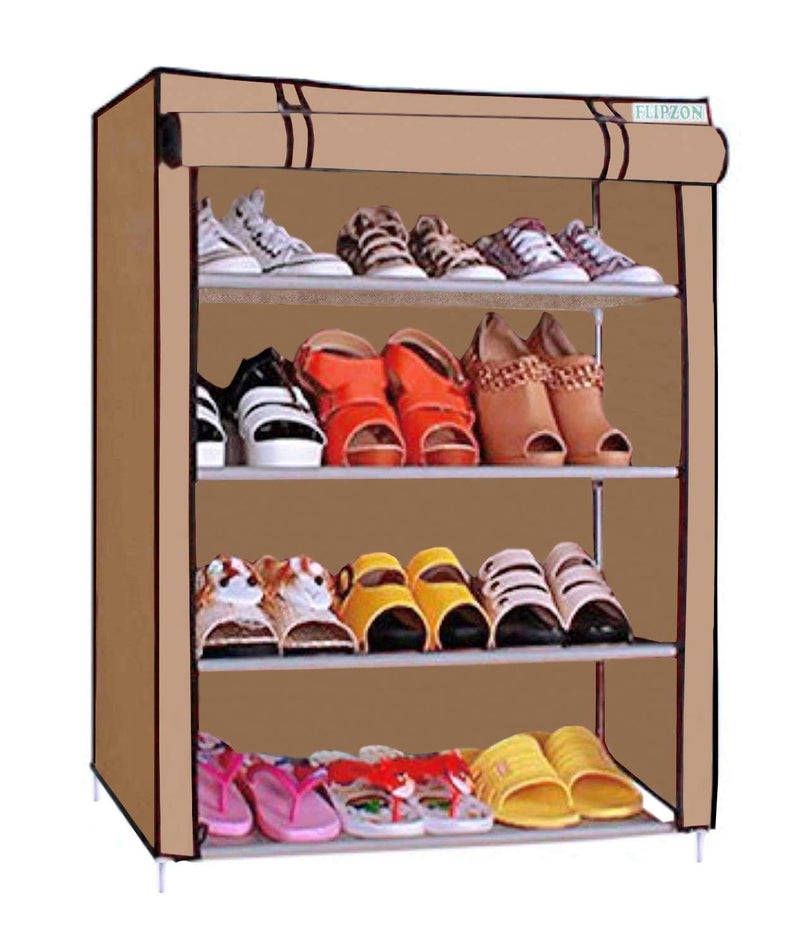 FLIPZON Multipurpose 4-Tiers Shoe Rack With Dustproof Zip Cover, Multiuse Wide Space Storage Rack Made By Non Woven Fabric For Footwear, Toys, Clothes (4 Shelves) (Chiku)(Iron Pipes, Non Woven Fabric) - Image 1