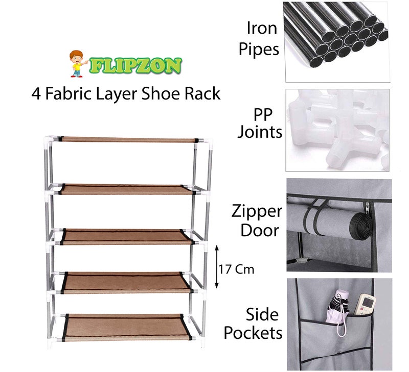FLIPZON Multipurpose 4-Tiers Shoe Rack With Dustproof Zip Cover, Multiuse Wide Space Storage Rack Made By Non Woven Fabric For Footwear, Toys, Clothes (4 Shelves) (Chiku)(Iron Pipes, Non Woven Fabric) - Image 3