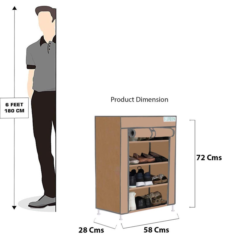FLIPZON Multipurpose 4-Tiers Shoe Rack With Dustproof Zip Cover, Multiuse Wide Space Storage Rack Made By Non Woven Fabric For Footwear, Toys, Clothes (4 Shelves) (Chiku)(Iron Pipes, Non Woven Fabric) - Image 2