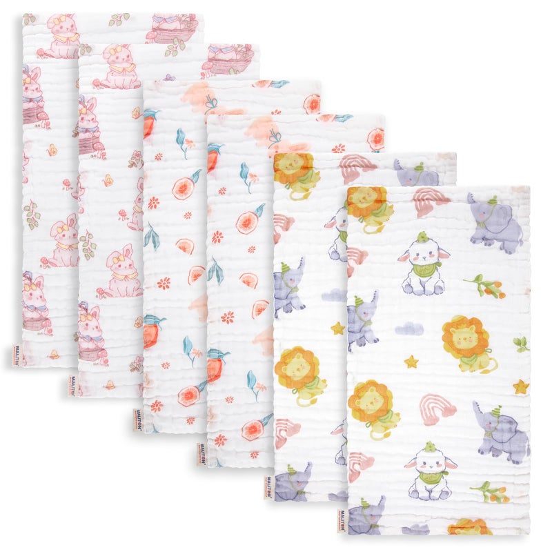 Maliton Muslin Burp Cloths for Baby Girl 6 Pack Large 20''x10'' 100% Cotton Burp Rags Absorbent and Soft 6 Layers Muslin Cloth Baby Boy Newborn Essentials Must Haves (Rabbit & Fruit) - Image 1